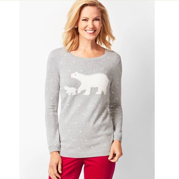 Talbots Fuzzy Polar Bear & Baby Bear winter Sweater Polka Dot size L - Picture 1 of 8